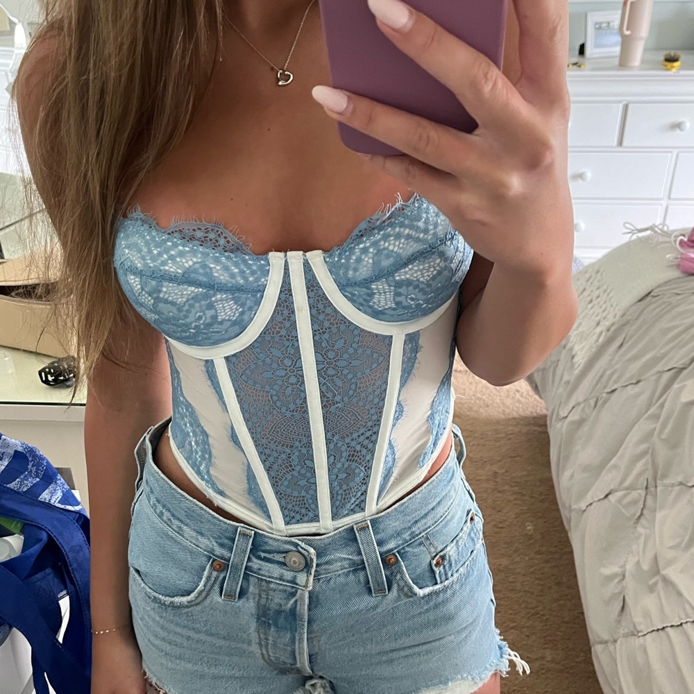 Blue and White Lace Corset